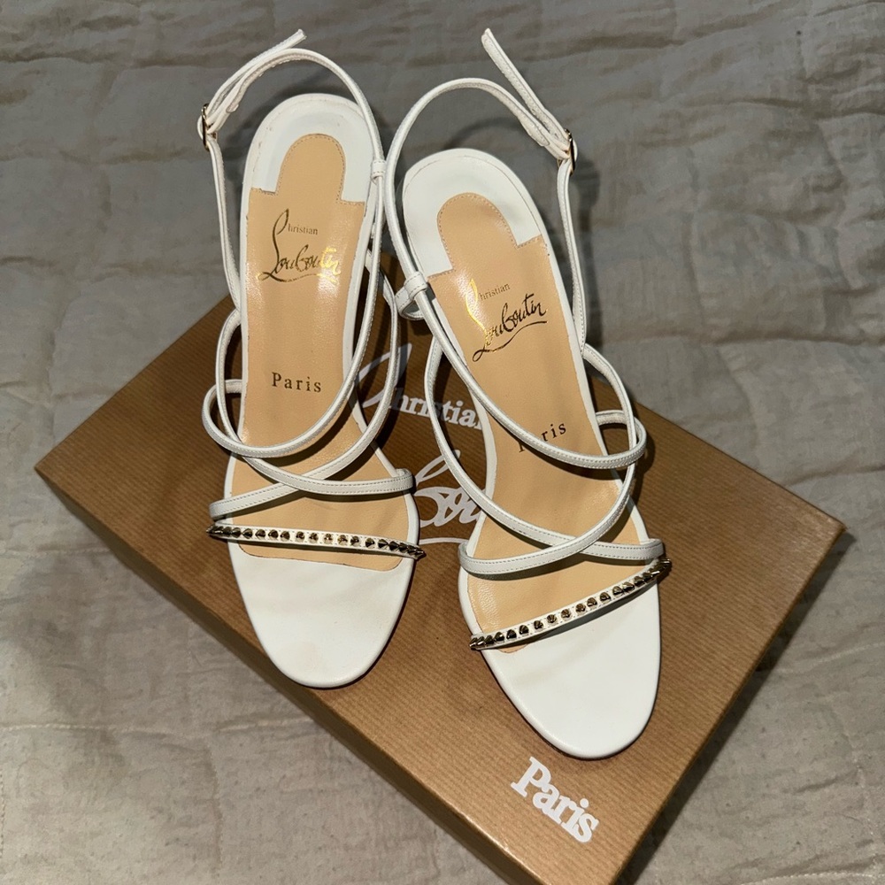 Christian Louboutin White Heeled Sandals with Rhinestone Embellishments